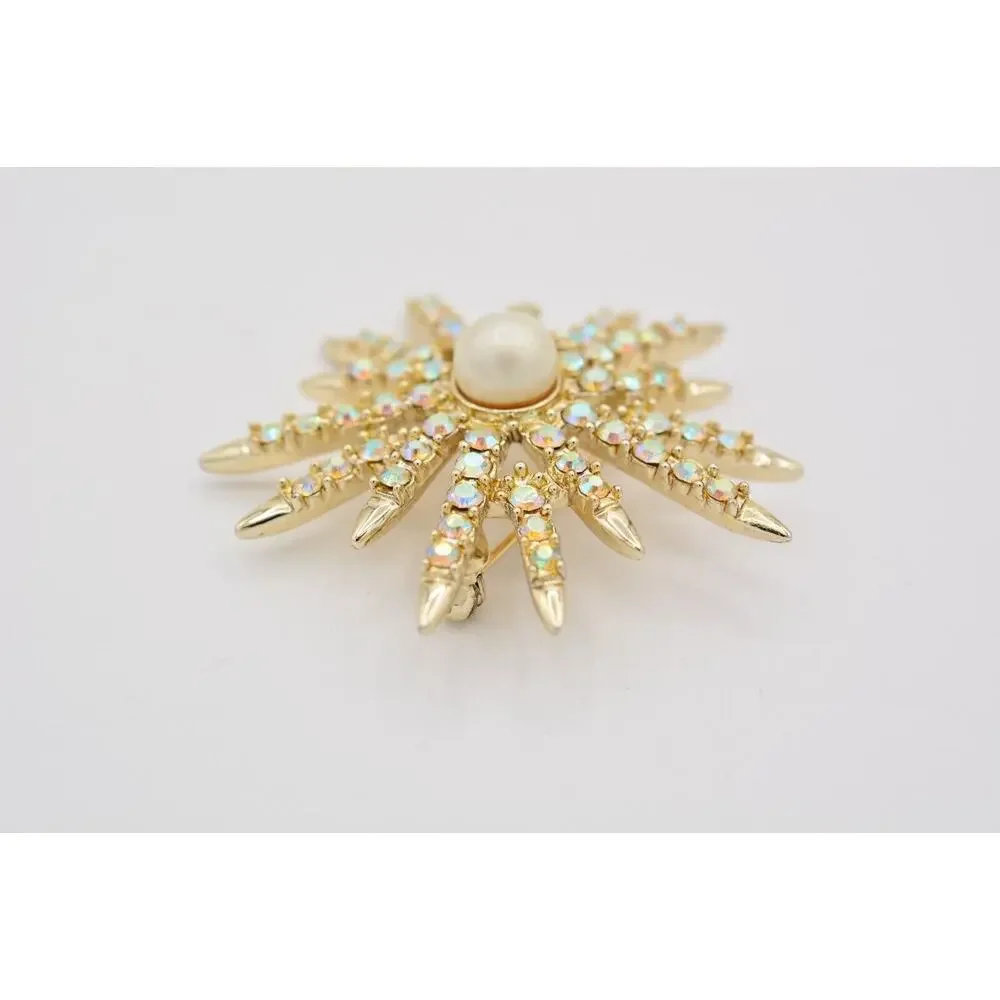 Vintage Crystal Star Pin Brooch Aurora Borealis Rhinestone Gold Tone 1980s BinAT